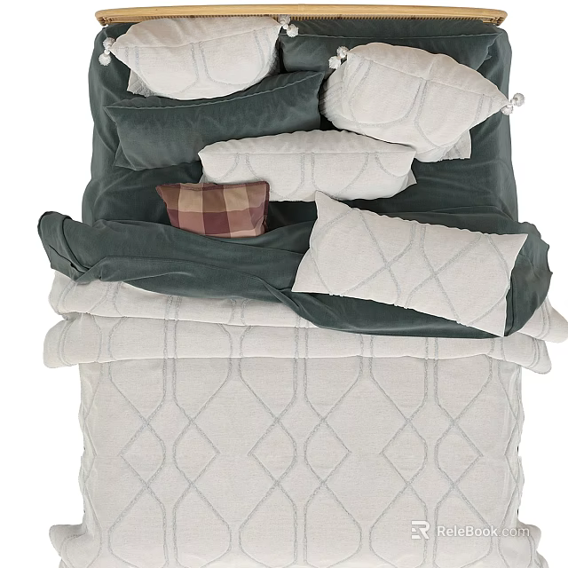 Comfortable Double Bed With Green Quilt White Sheets And Patterned Decorative Pillows 3d model 