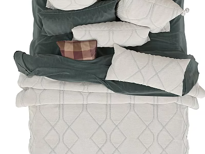 Comfortable Double Bed With Green Quilt White Sheets And Patterned Decorative Pillows 3d model