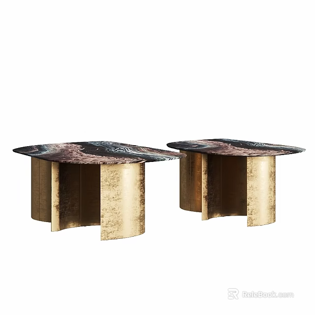 Modern Dining Tables With Patterned Marble Tops And Golden Cylindrical Legs 3d model 