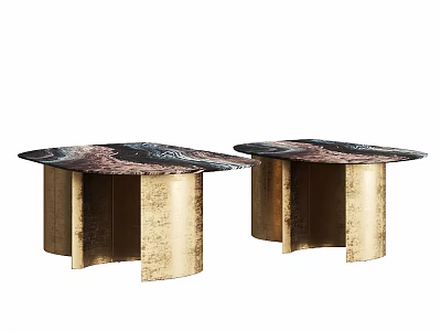 Modern Dining Tables With Patterned Marble Tops And Golden Cylindrical Legs 3d model
