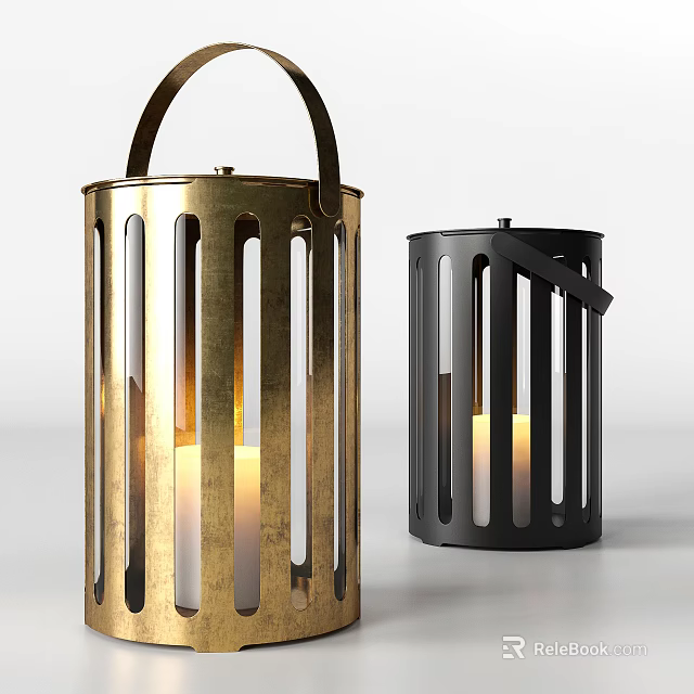 Modern Golden and Black Candle Lanterns with Metal Frame and Handle Design 3d model 