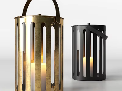 Modern Golden and Black Candle Lanterns with Metal Frame and Handle Design 3d model