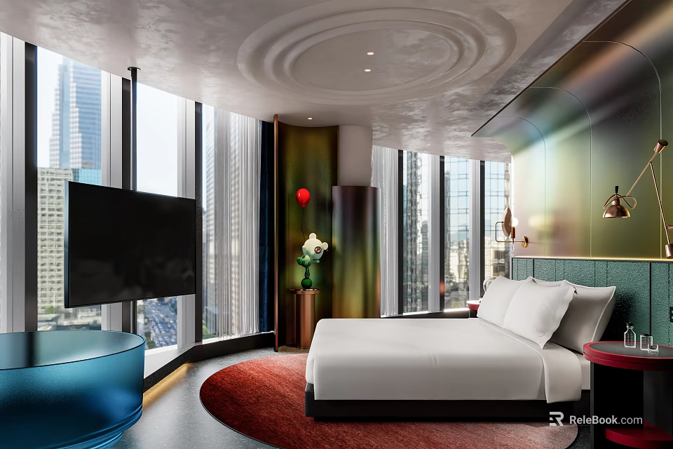Modern Hotel Room With King Bed Large Windows City View And Ceiling Decor 3d model 