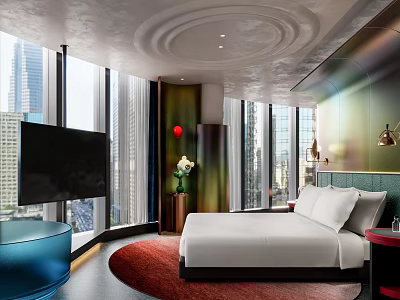 Modern Hotel Room With King Bed Large Windows City View And Ceiling Decor 3d model