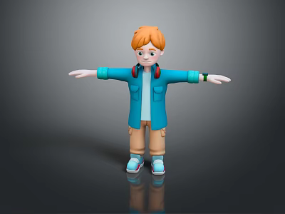 Cartoon Red Haired Boy Wearing Headphones Blue Jacket Arms Outstretched Black Background With Reflection 3d model