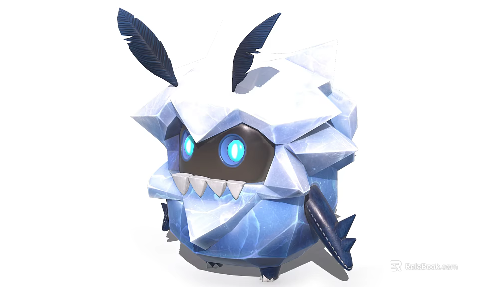 Blue White Polyhedral Creature Character With Feather Ears And Glowing Blue Eyes 3d model 