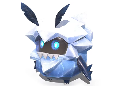 Blue White Polyhedral Creature Character With Feather Ears And Glowing Blue Eyes 3d model