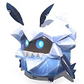 Blue White Polyhedral Creature Character With Feather Ears And Glowing Blue Eyes