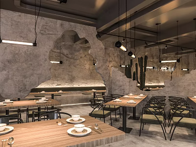 Industrial Style Hot Pot Restaurant Interior With Concrete Walls Hanging Lights And Cactus Decorations 3d model