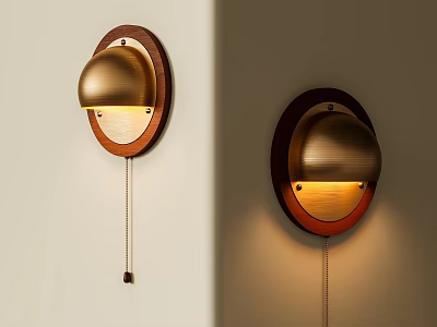 Vintage Brass And Wooden Wall Lamps With Pull Cord Switch Mounted On Wall 3d model