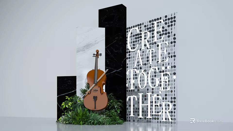 Guiding Display With Violin Green Plants Marble Structures And Create Together Panel 3d model 