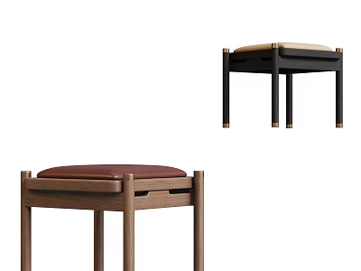 Modern Brown Wooden Stools With Red Cushions Black Legs And Gold Accents 3d model