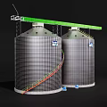 Two Silver Cylindrical Industrial Storage Tanks With Green Overhead Beam Mesh Structure And Colored Pipes