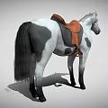 A gray and white horse with black spots brown saddle white mane and black tail