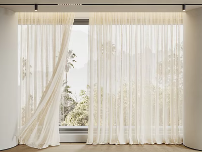 White Sheer Curtains for Window with Palm Trees and Greenery 3d model