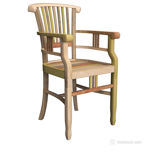 Wooden Leisure Chair With Armrests And Colorful Striped Seat Design 3d model 