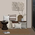 Stylish Indoor Space With Patterned Pillows Wooden Bench Woven Decor And Wall Art