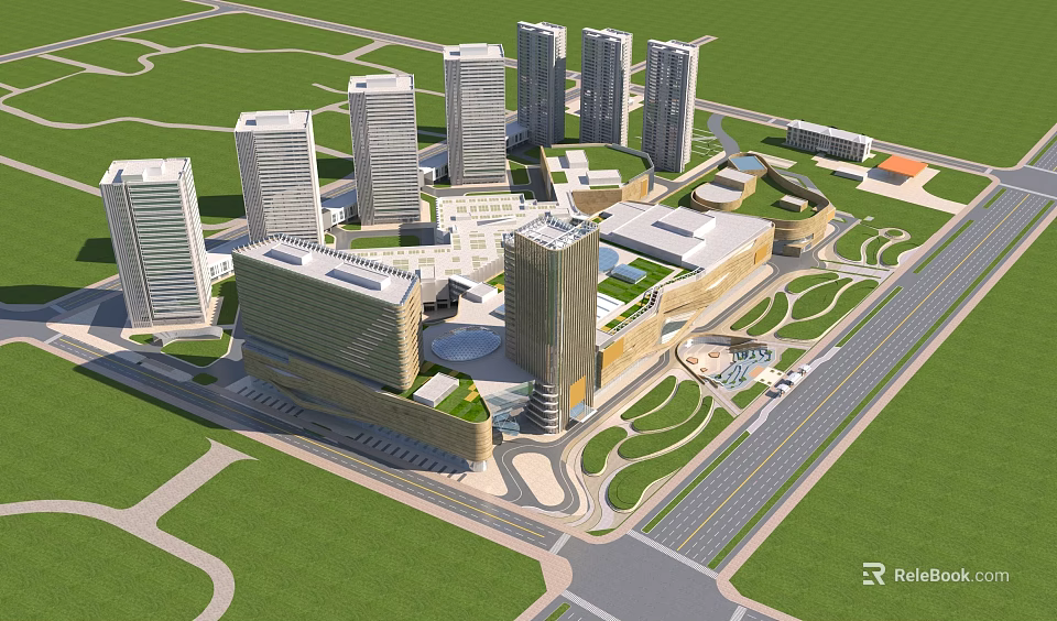 Aerial Urban Planning View With High Rise Buildings Green Spaces And Road Layout 3d model 