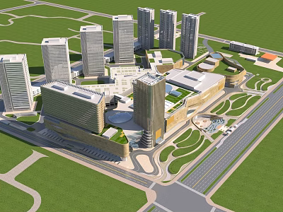 Aerial Urban Planning View With High Rise Buildings Green Spaces And Road Layout 3d model
