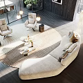 Modern Living Room Featuring Large Windows City View Dark Wood Walls Light Armchairs And Sofa