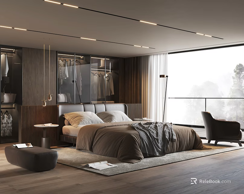 Modern Bedroom Interior Design With King Size Bed Wooden Wardrobe And Floor To Ceiling Window 3d model 