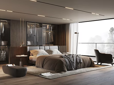 Modern Bedroom Interior Design With King Size Bed Wooden Wardrobe And Floor To Ceiling Window 3d model