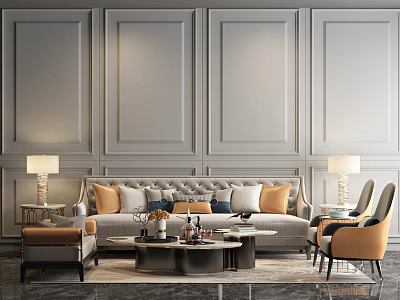 Elegant Gray Sofa Coffee Table Set With Colorful Pillows Armchairs And Lamp On Paneled Walls 3d model