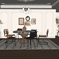 French Restaurant Round Dining Table and Chair Chandelier Hanging Picture 3d model