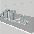 Modern Office Complex with Glass Curtain Walls Greenery and Water Feature in Urban Area