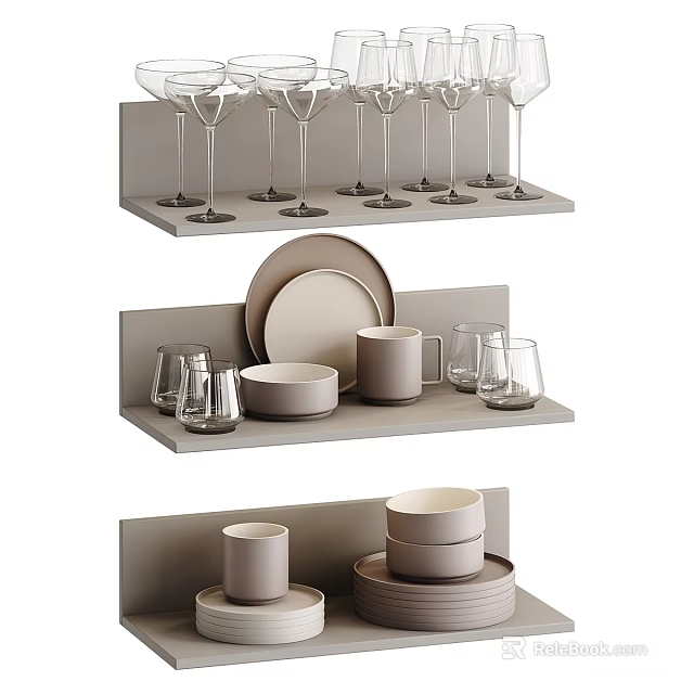 Modern Tableware Set with Plates Mugs Glasses on Minimalist Display Shelves 3d model 