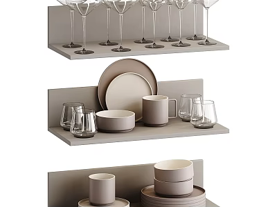 Modern Tableware Set with Plates Mugs Glasses on Minimalist Display Shelves 3d model