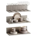 Modern Tableware Set with Plates Mugs Glasses on Minimalist Display Shelves