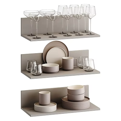 Modern Tableware Set with Plates Mugs Glasses on Minimalist Display Shelves 3d model