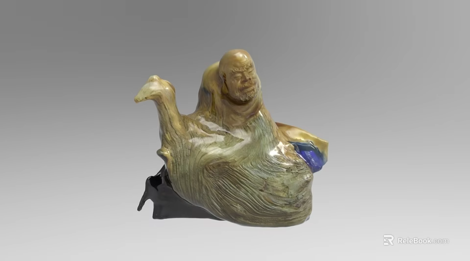 Traditional Sculpture Carving of Man and Camel with Tan and Blue Details 3d model 
