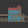 Western Style Wooden House with Blue Walls Red Roof Accents Wooden Balcony Porch and Steps