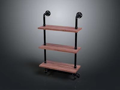 Industrial Style Three Tier Wooden Shelving Unit with Black Metal Frame and Rolling Casters 3d model