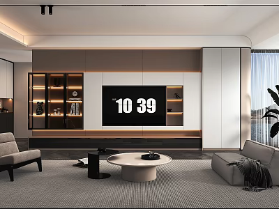 Sleek Modern Minimalist Living Room With Integrated TV Wall Storage Units And Comfortable Lounge Furniture 3d model