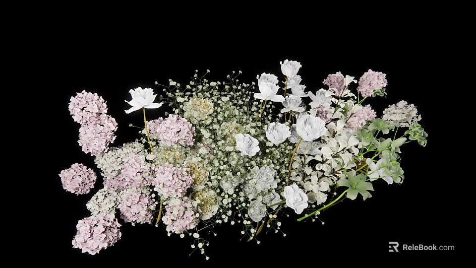 Beautiful Vase Arrangement with Pink White Hydrangeas Roses and Baby's Breath on Black Background 3d model 