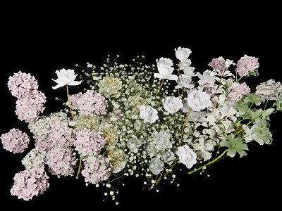 Beautiful Vase Arrangement with Pink White Hydrangeas Roses and Baby's Breath on Black Background 3d model