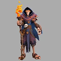 Cloaked Fantasy Mage Character With Flaming Staff And Skull Accessory Design