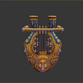 Decorative Orange Lyre Ornament With Blue Yellow Accents And Carved Face Design