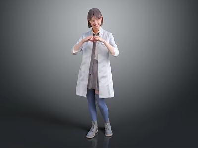 Woman in White Coat Gray Dress Blue Tights Making Heart Shape With Hands Gray Background 3d model