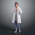 Woman in White Coat Gray Dress Blue Tights Making Heart Shape With Hands Gray Background