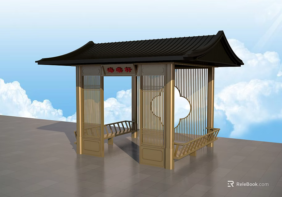 Antique Style Pavilion With Traditional Black Roof And Wooden Seats Design 3d model 