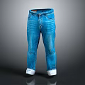 Blue Denim Jeans Classic Style With White Cuffs And Belt Loops