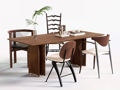 Modern Wooden Dining Table And Mixed Design Chairs Set With Green Plant And Books 3d model
