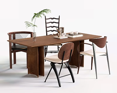 Modern Wooden Dining Table And Mixed Design Chairs Set With Green Plant And Books 3d model