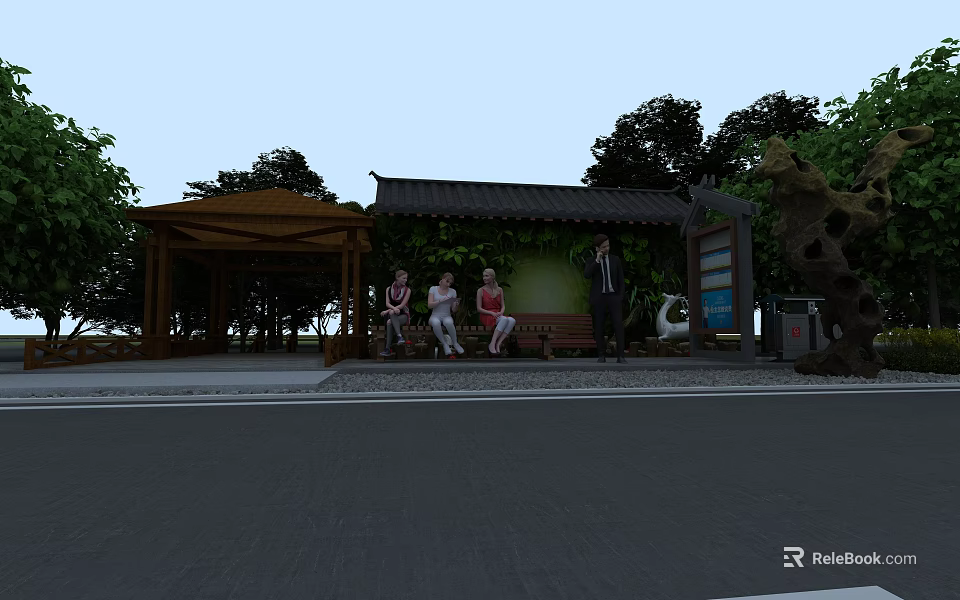 Urban Road Facilities With Wooden Pavilion Bench Signboard And Trash Can Near Green Trees 3d model 