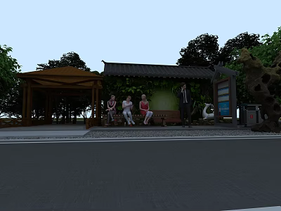 Urban Road Facilities With Wooden Pavilion Bench Signboard And Trash Can Near Green Trees 3d model