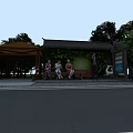 Urban Road Facilities With Wooden Pavilion Bench Signboard And Trash Can Near Green Trees
